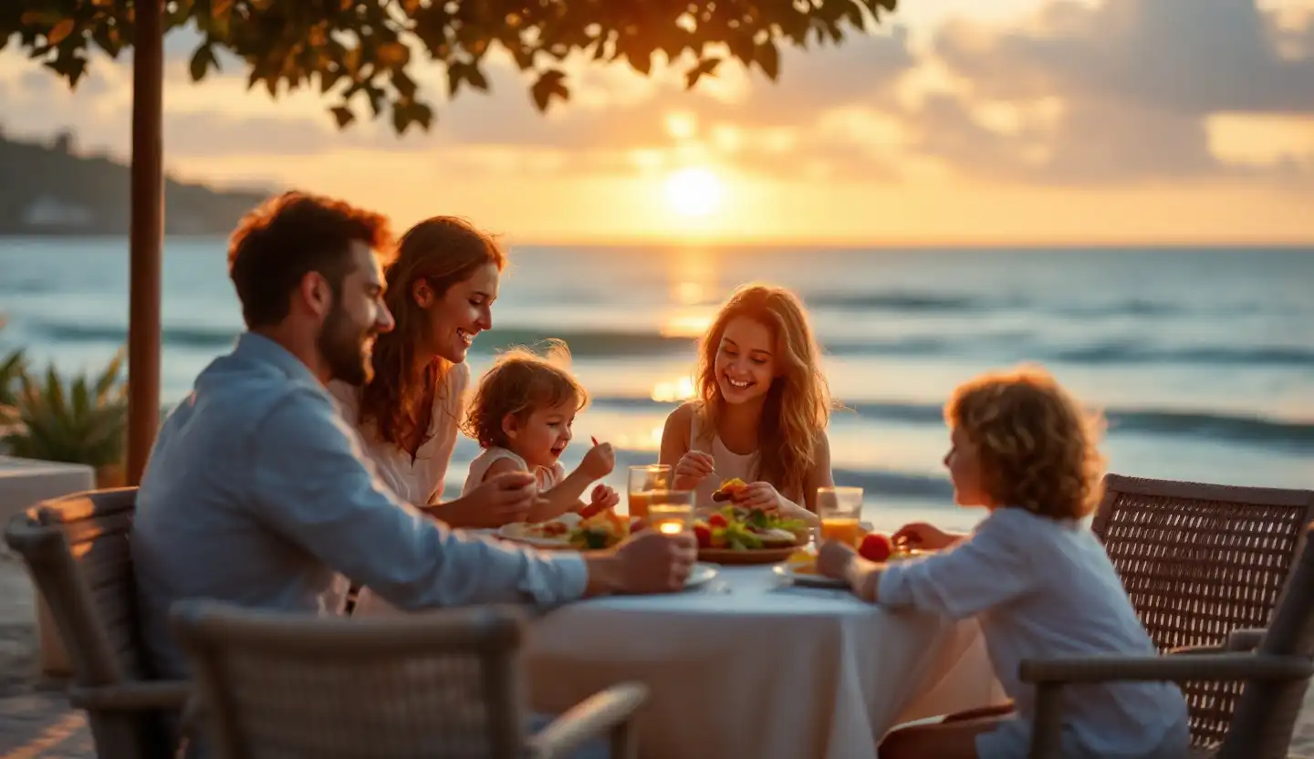 Family at seaside Greek taverna