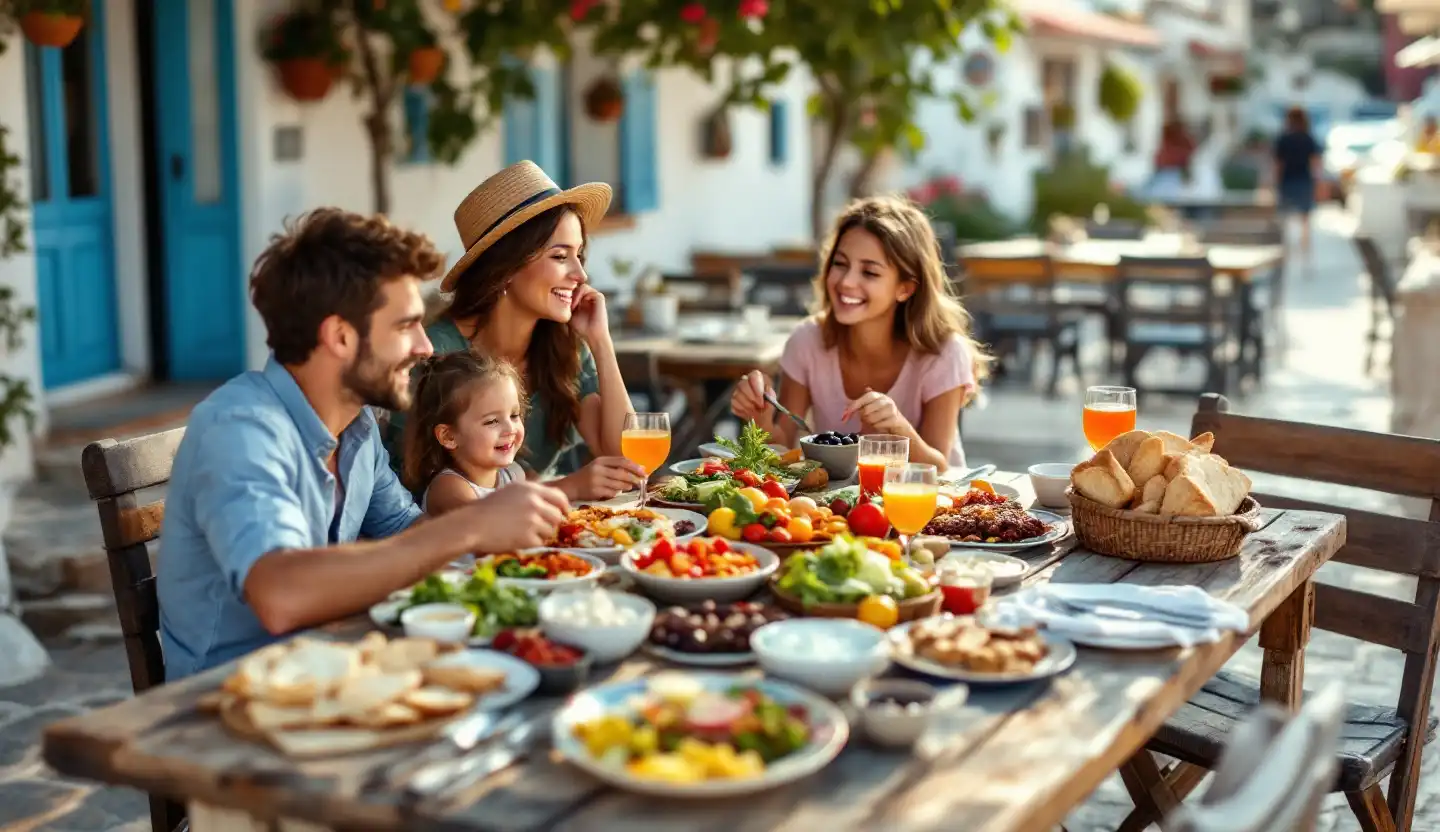 Family enjoying traditional Greek meal