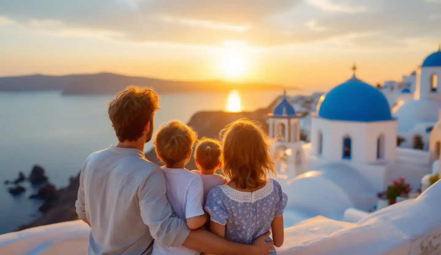 Family enjoying Santorini sunset