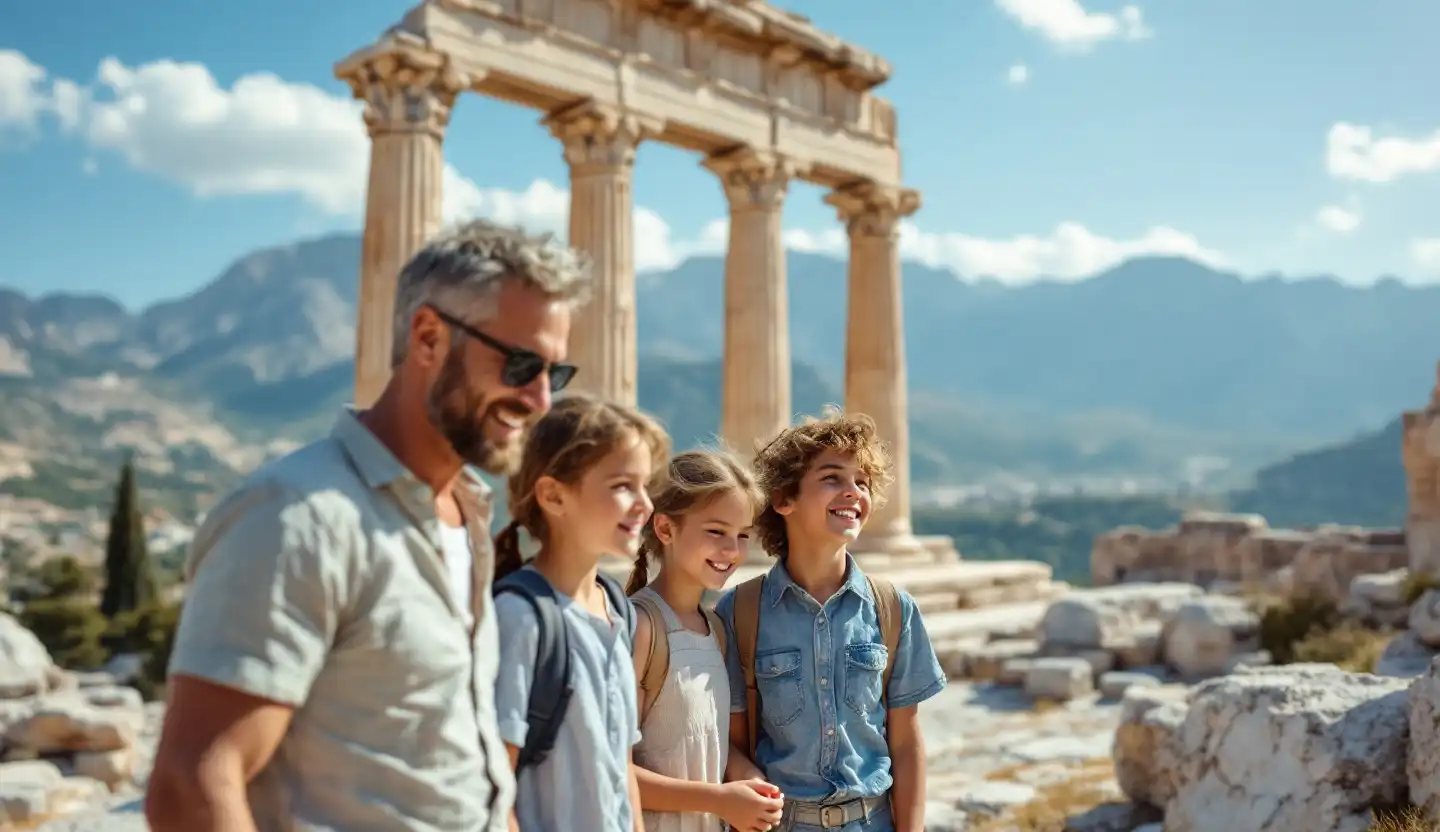 Family at ancient Delphi ruins