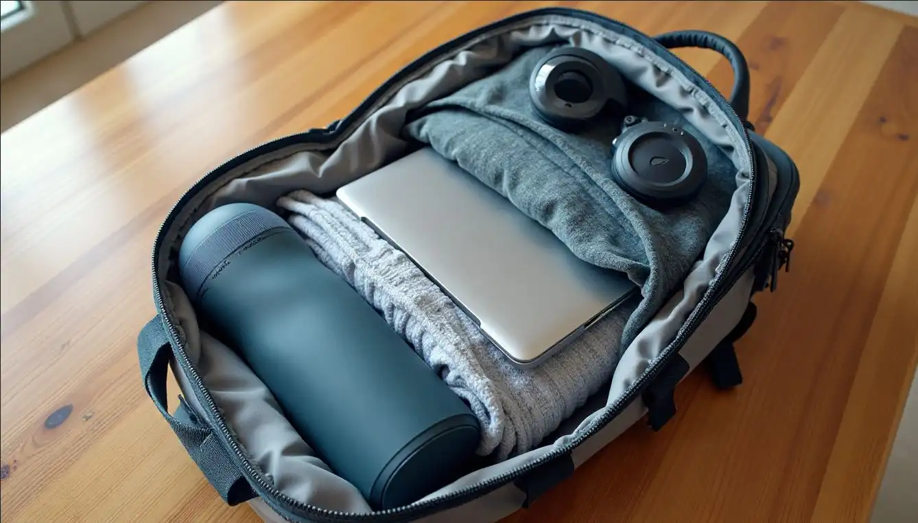 Clam shell backpack fully opened displaying organized compartments for travel