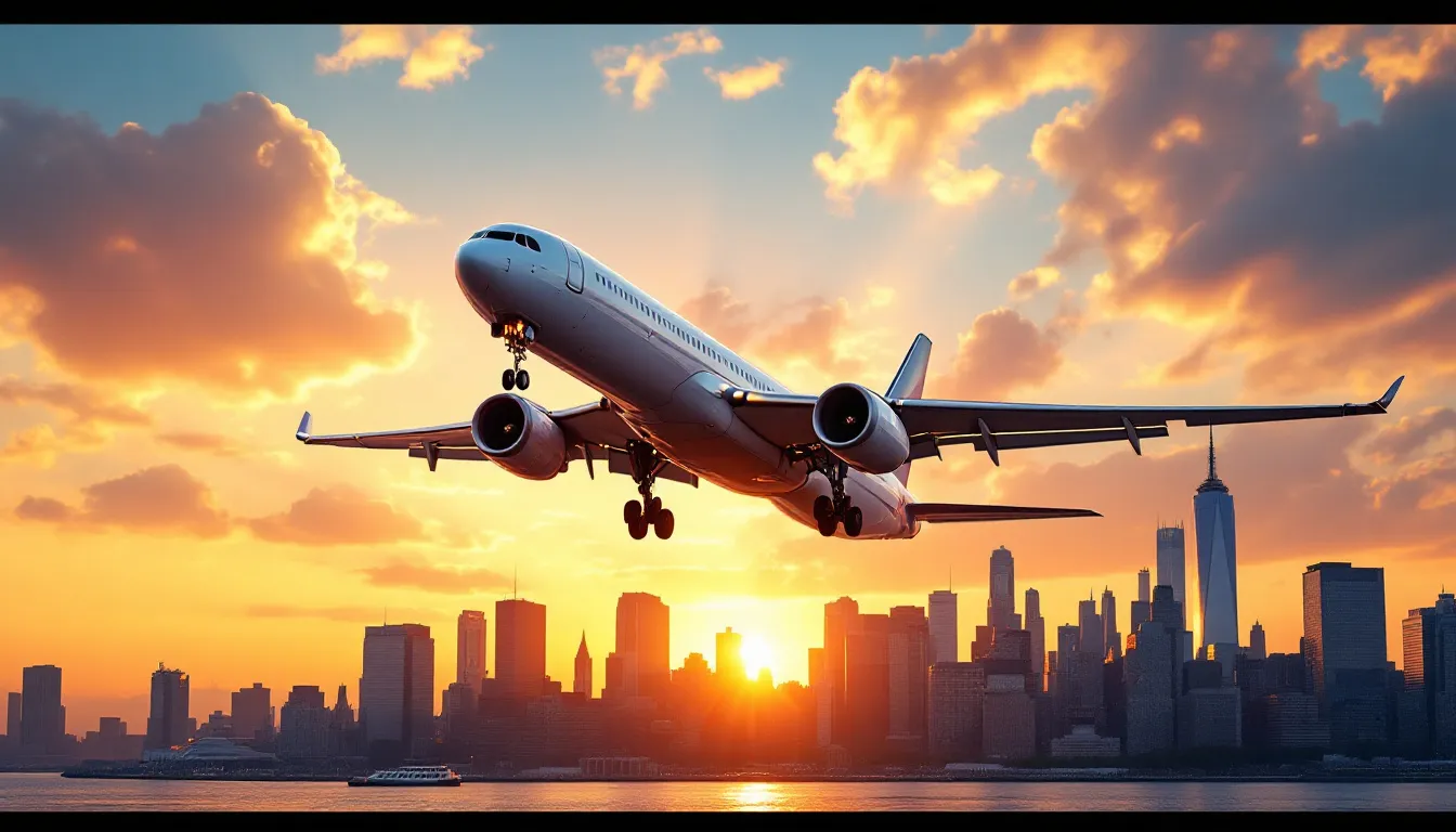 Airplane departing from New York City towards Europe