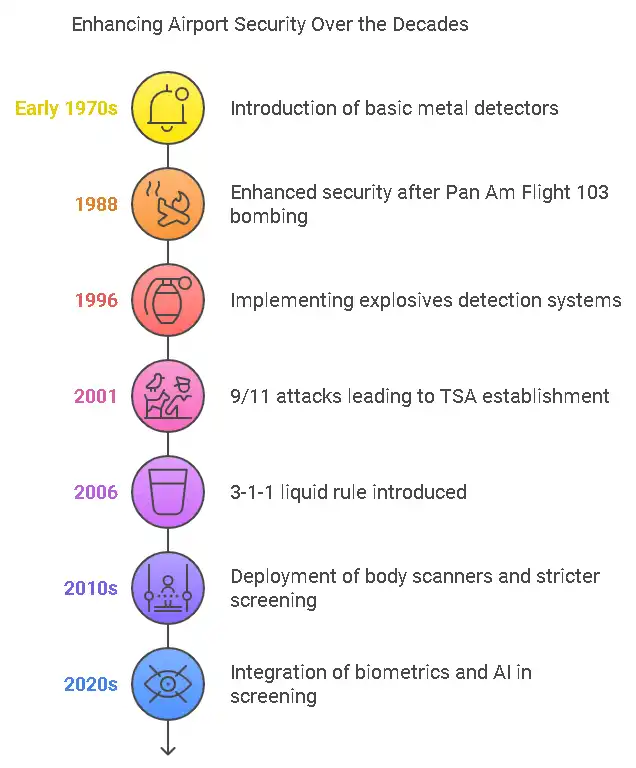 Timeline showcasing the evolution of flight security and controls measures