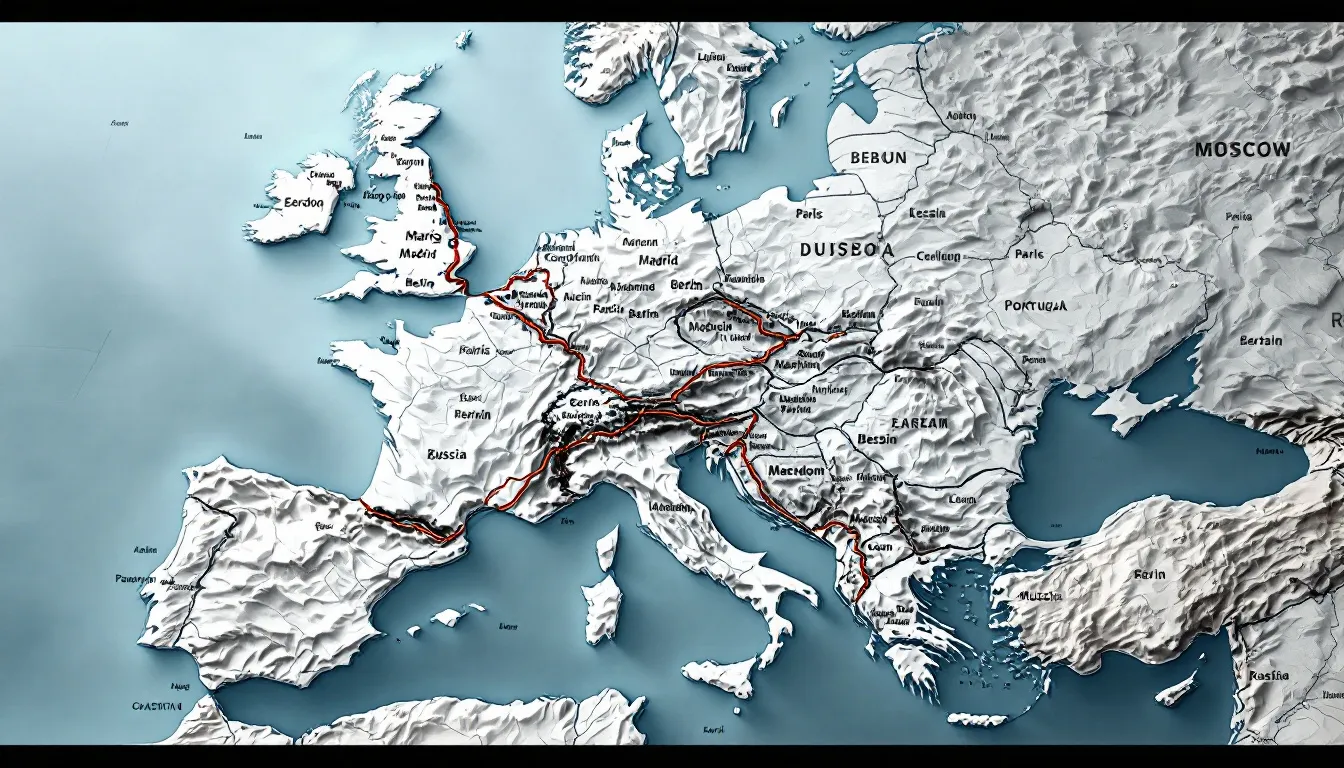 Map of Europe with highlighted travel route