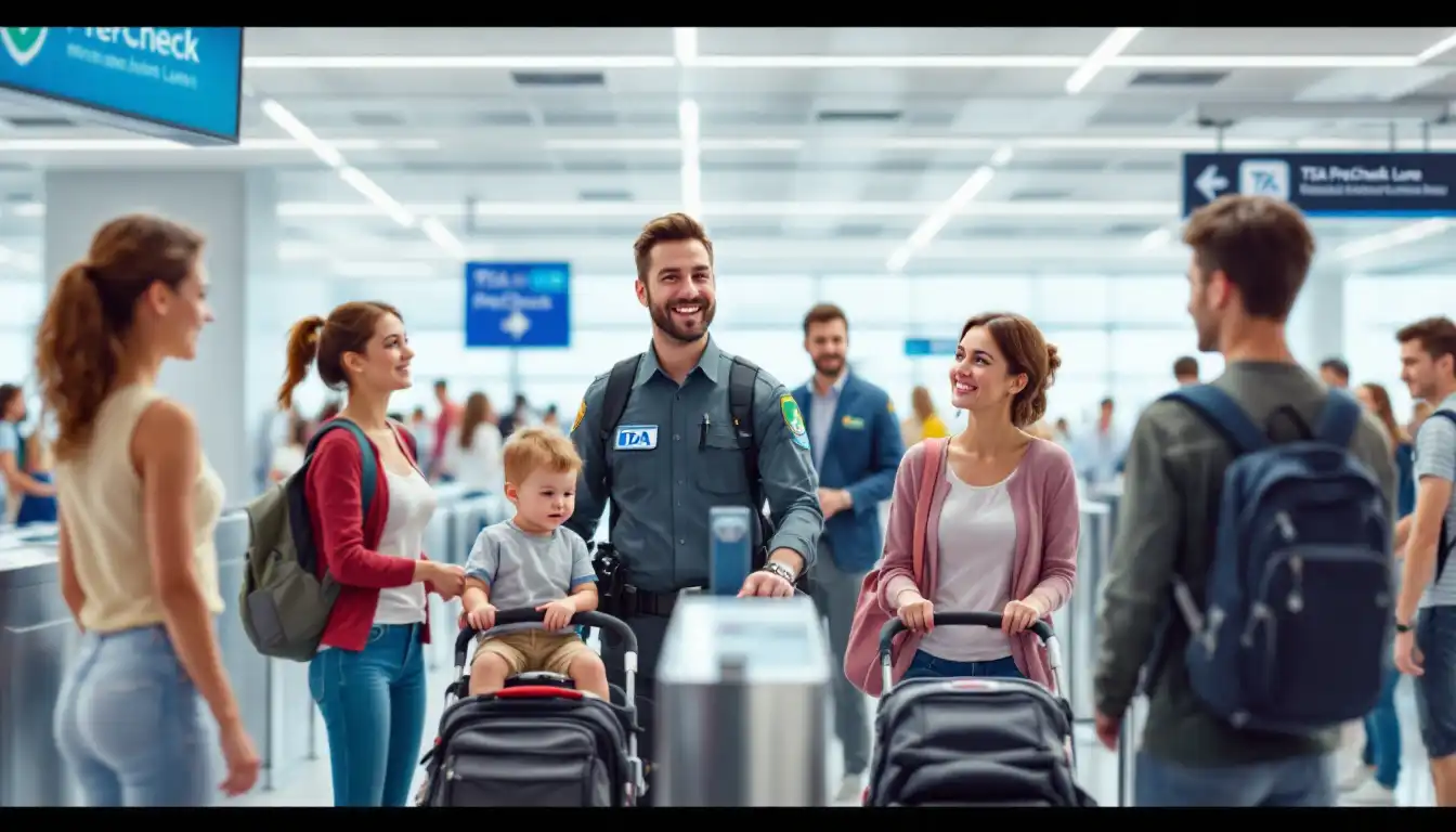 Family with young children using TSA PreCheck lane at airport security.