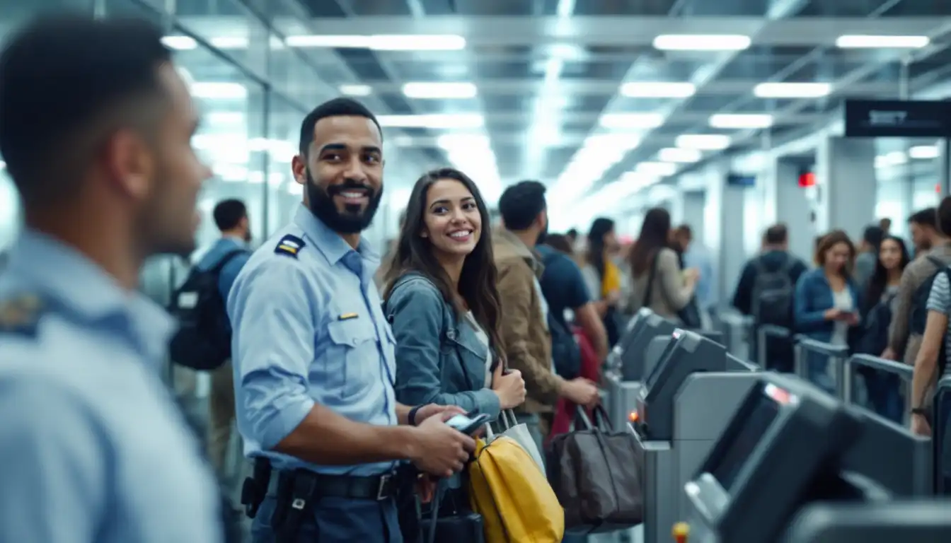 Passengers and security personnel at an airport security checkpoint ensuring flight security and controls