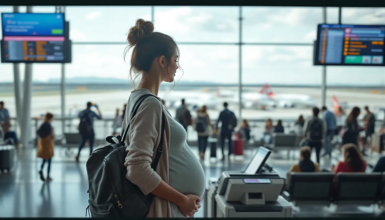 Pregnant woman preparing for a flight at the airport