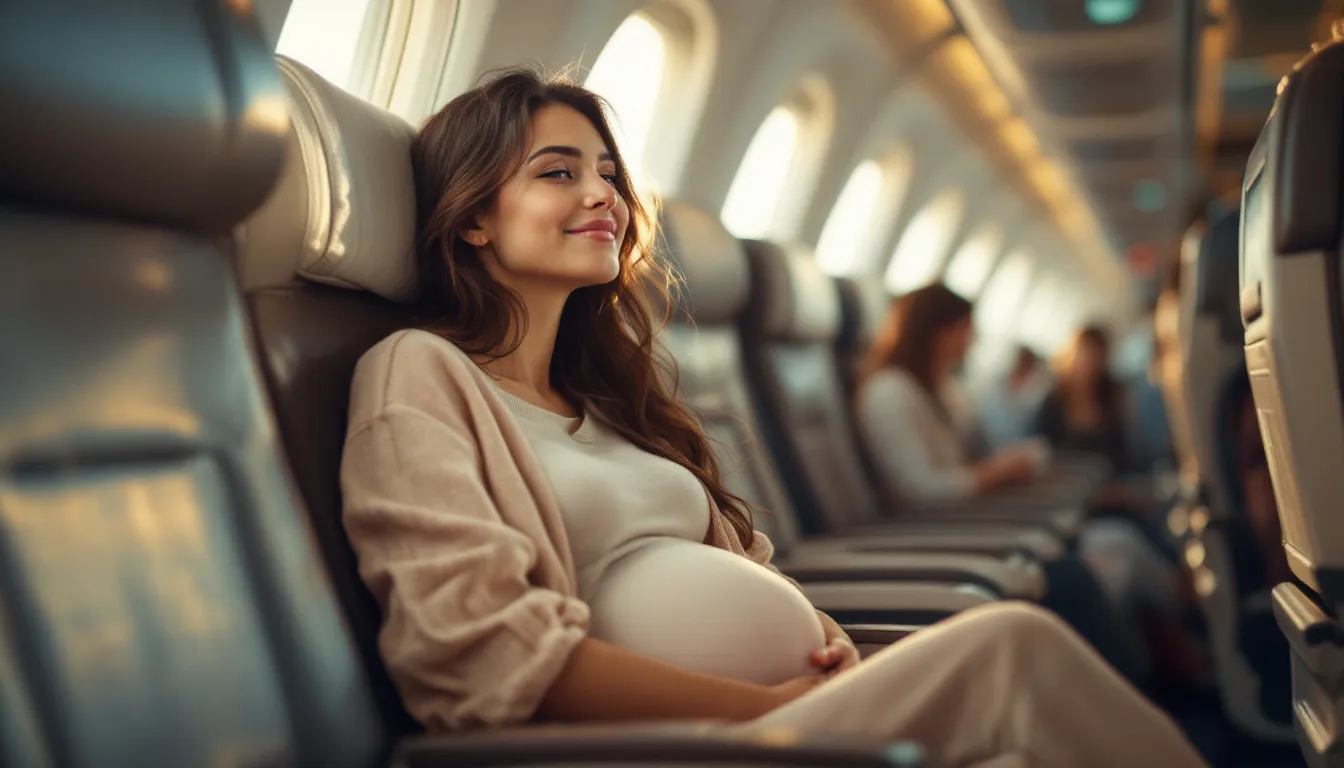 Pregnant woman sitting comfortably on an airplane