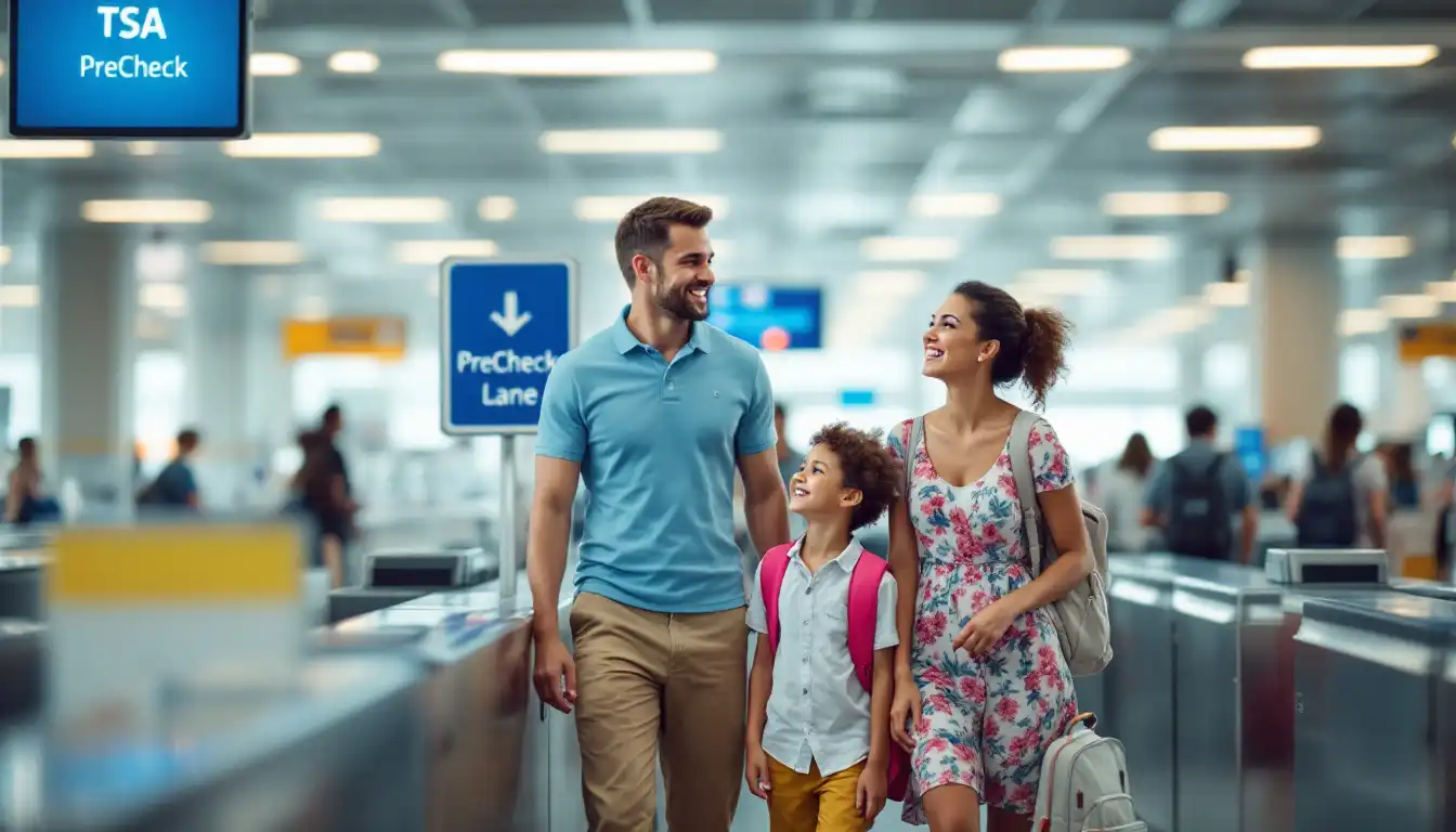 Family with children using TSA PreCheck at airport security for a smooth travel experience